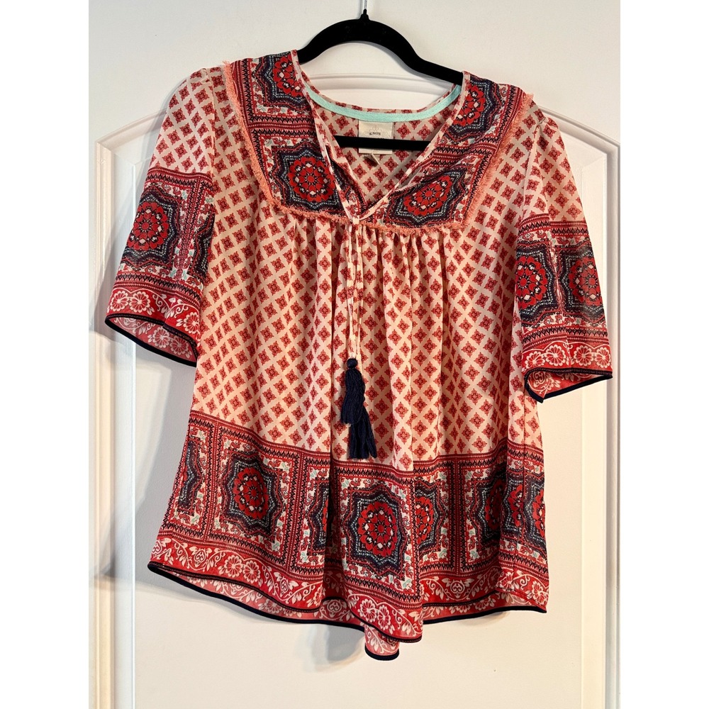 Knox Rose Blouse Small Red Navy Medallion Boho Tassel Fringe Peasant Festival